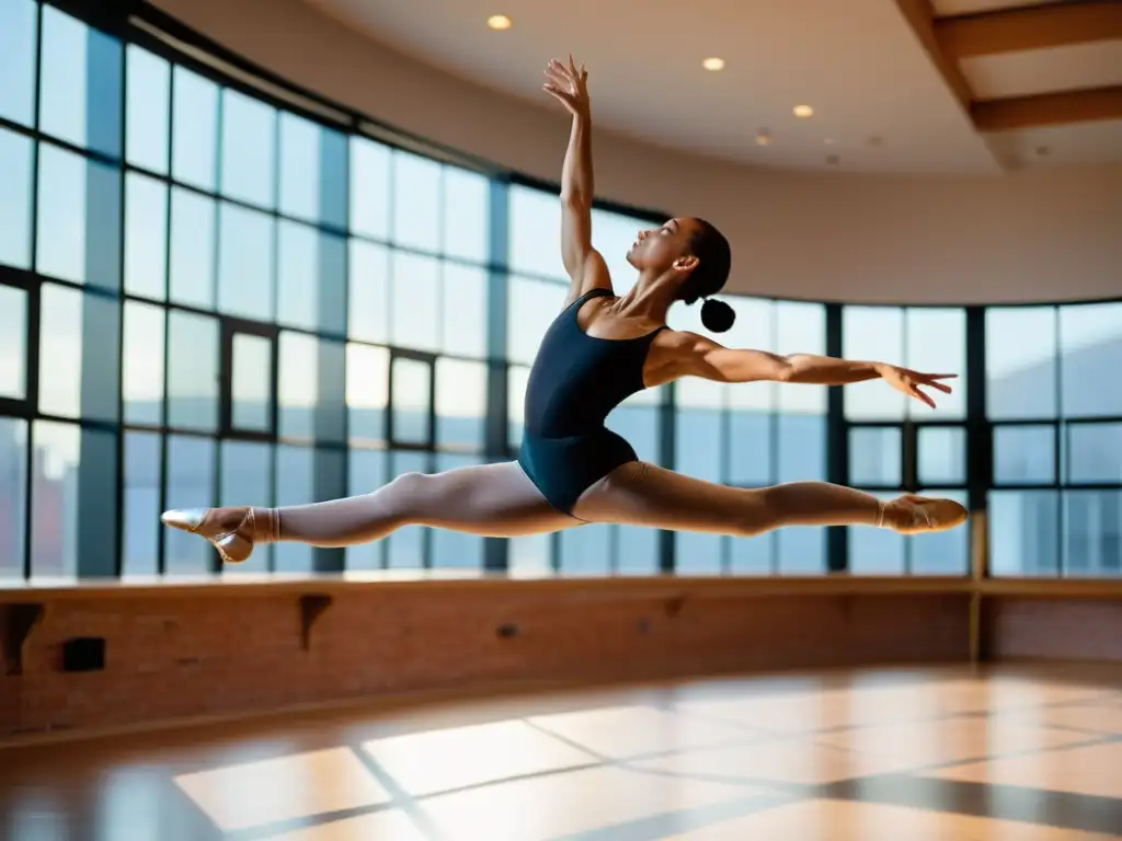 Un bailarín profesional en un salto elegante, mostrando fuerza muscular y flexibilidad en un estudio de ballet iluminado por luz natural