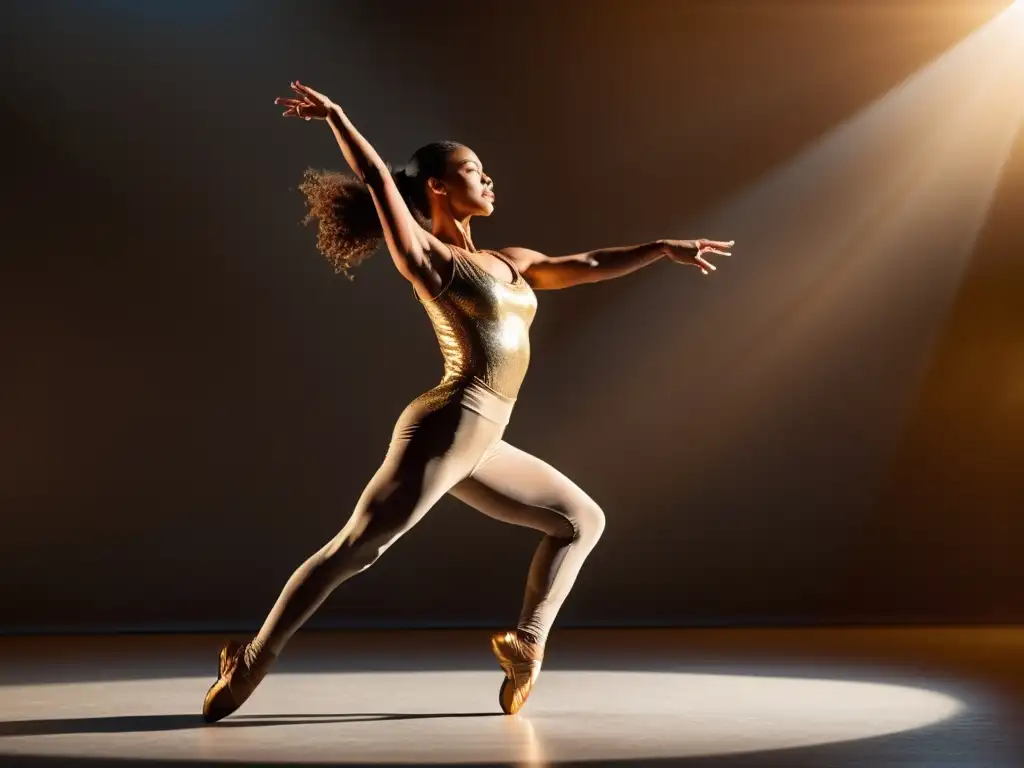 Un bailarín profesional en un salto elegante y poderoso, iluminado por una cálida luz dorada