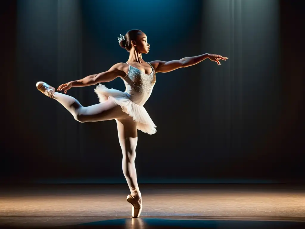 Un bailarín profesional en un salto elegante, mostrando fuerza y agilidad