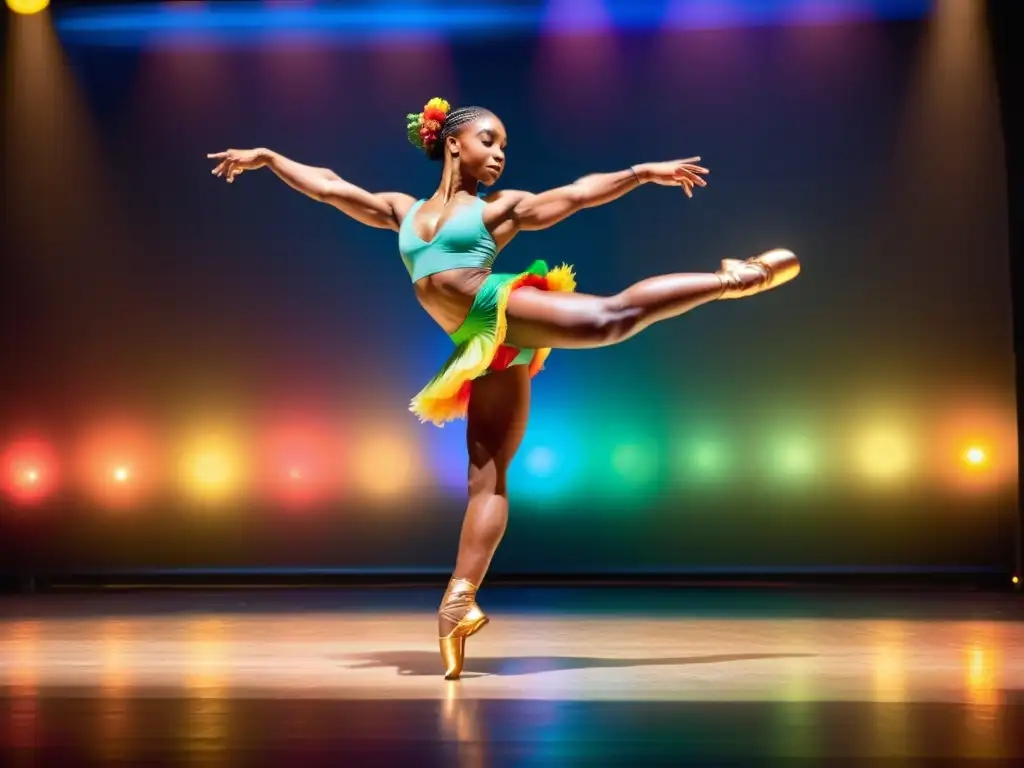 Un bailarín profesional en salto, mostrando la importancia de la nutrición en danza con una expresión dedicada y luces cálidas en el escenario