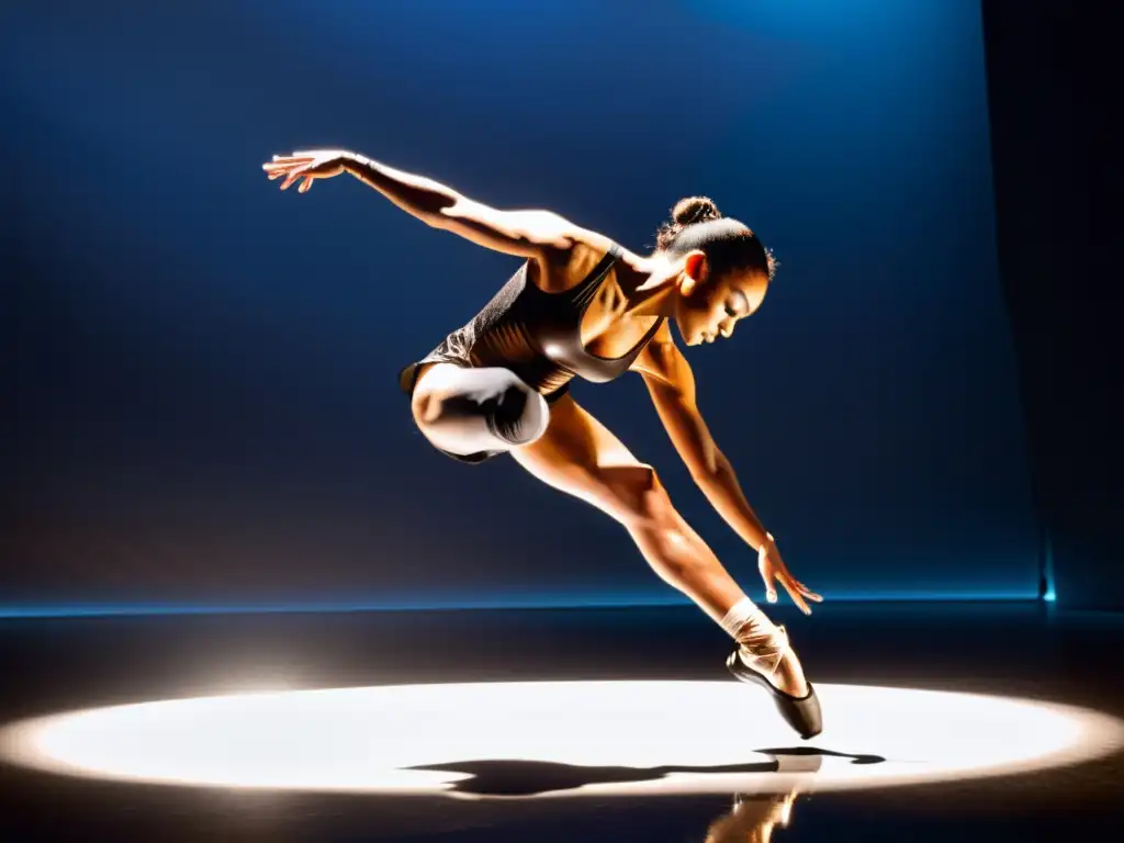 Un bailarín profesional ejecutando un salto perfecto, resaltando el impacto de la vestimenta y calzado en su desempeño
