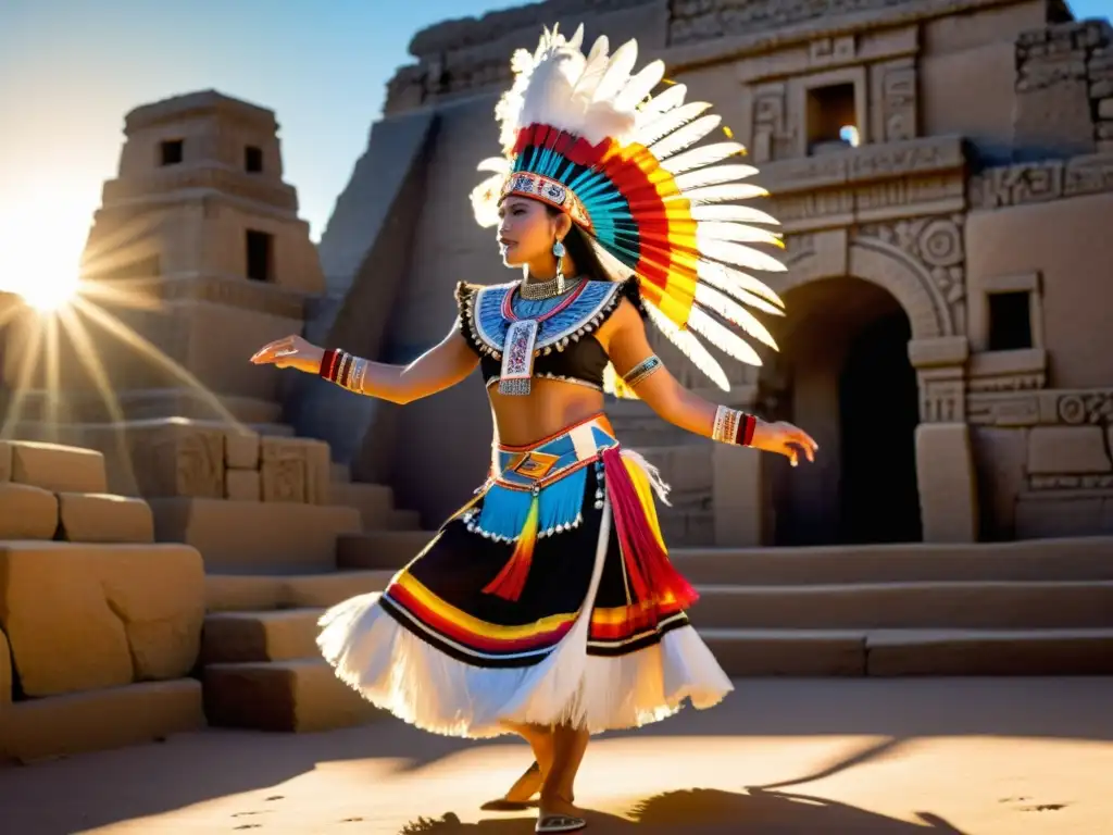 Un bailarín azteca en regalía tradicional, girando con plumas y listones mientras la luz del atardecer ilumina las ruinas antiguas