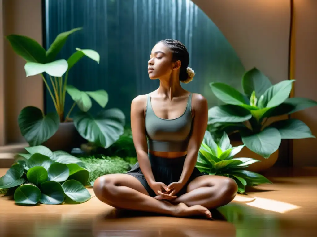 Un bailarín en meditación, rodeado de luz suave y elementos naturales