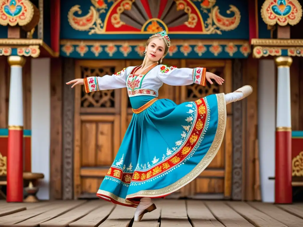 Un bailarín ruso ejecutando saltos y giros en traje tradicional, en un escenario rústico con intrincados detalles arquitectónicos