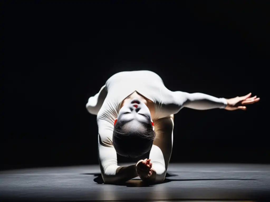 Un bailarín butoh solitario en un escenario tenue, su cuerpo contorsionado en una pose dramática y expresiva