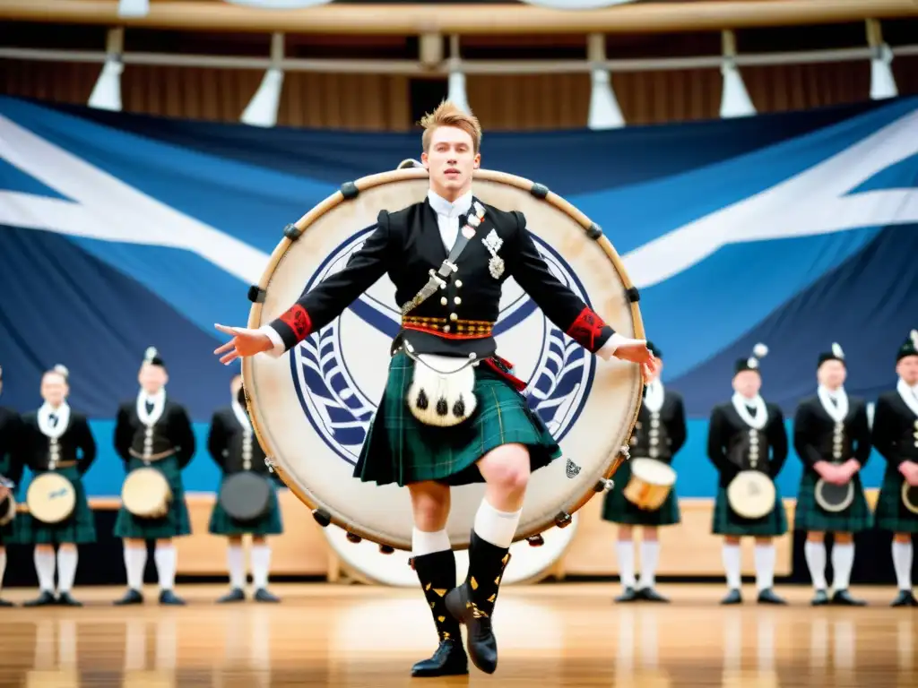 Baile escocés de las Highlands con tambor ornamentado Un bailarín de Highland Dance salta con un tambor mayor escocés ornamental en primer plano, destacando la energía y la cultura de Escocia