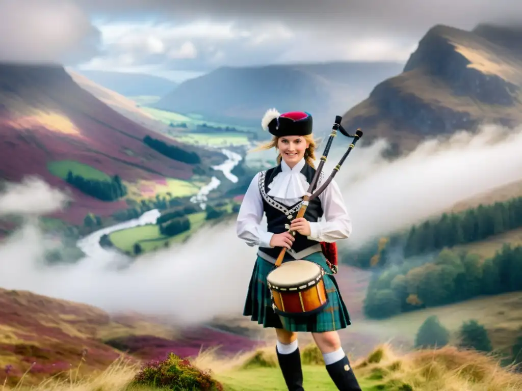 Danza escocesa de las Highlands: orgullo y tradición Un bailarín de las Tierras Altas de Escocia con atuendo tradicional y un mazo de tambor mayor, rodeado de los colores vibrantes de las Tierras Altas