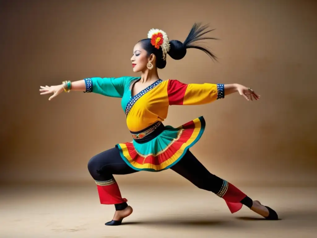 Un bailarín tradicional ejecuta un dinámico estiramiento de cadera en un escenario rústico