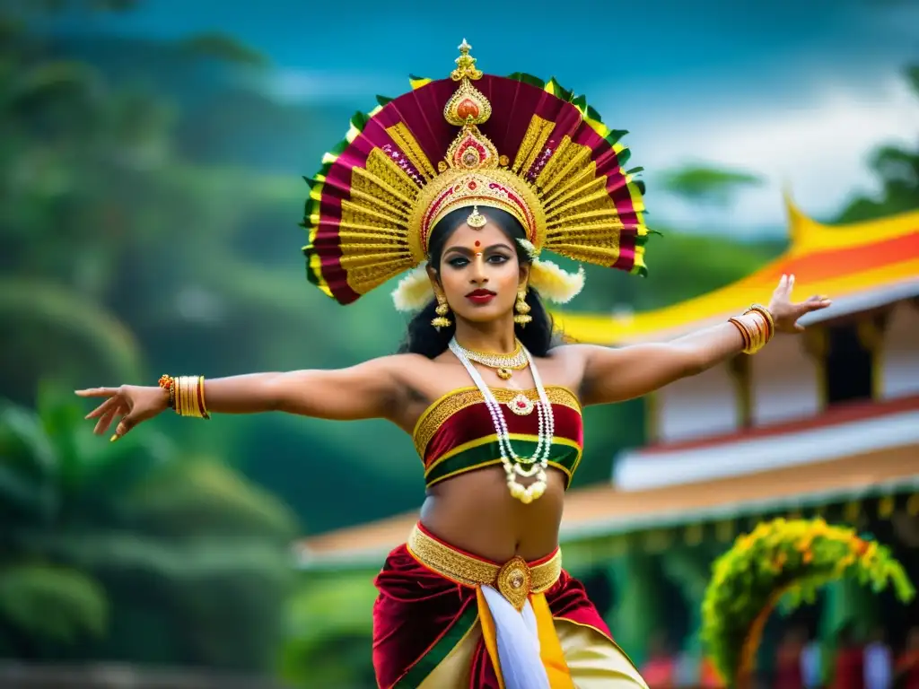 Un bailarín tradicional del Festival de Danza Kandy Sri Lanka, con vestimenta colorida y detallada, danzando en un escenario impresionante