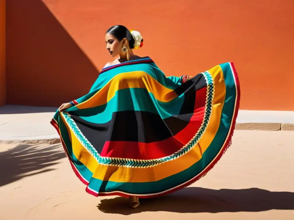 Un bailarín tradicional mexicano lleva un zarape con colores vibrantes y patrones intrincados, capturando la esencia y significado del zarape en danza