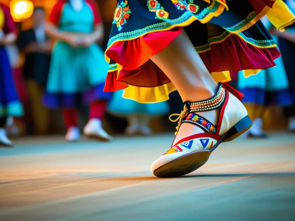 Un bailarín tradicional ejecuta movimientos dinámicos y vibrantes, con piezas coloridas en sus tobillos