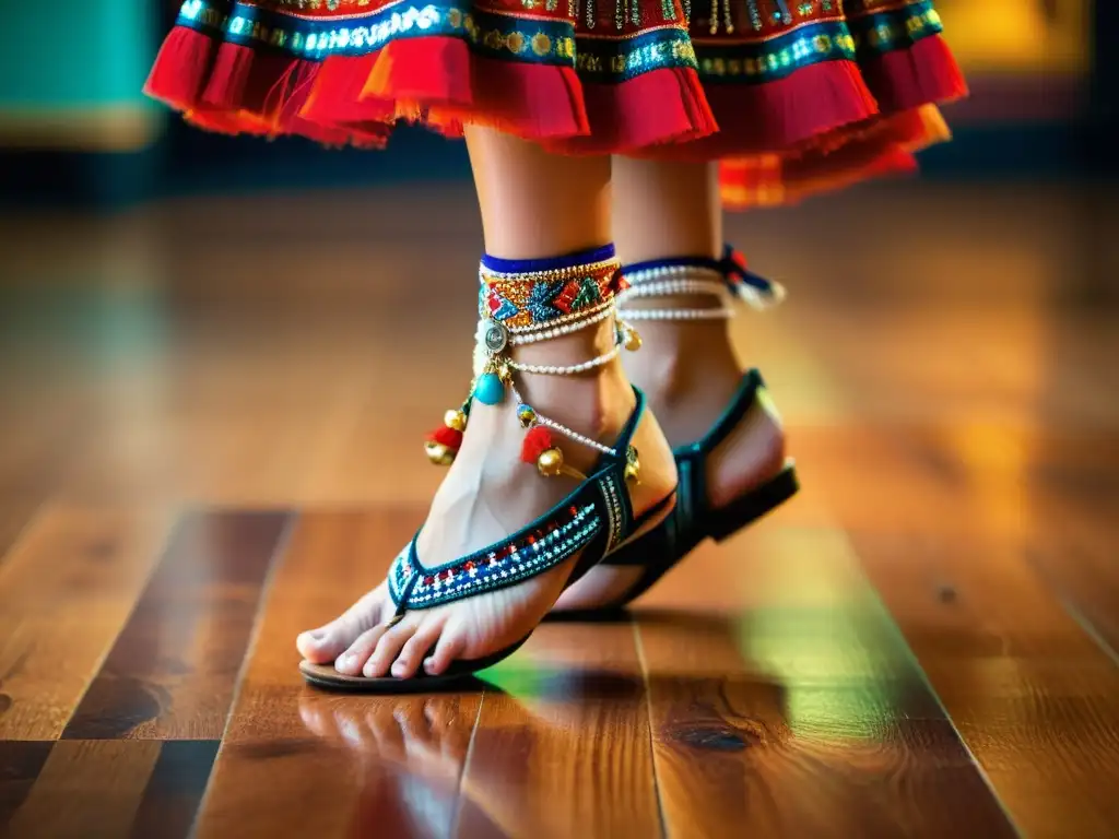 Un bailarín tradicional muestra técnicas de danza detalladas mientras sus pies con campanillas adornadas danzan sobre el suelo de madera pulida