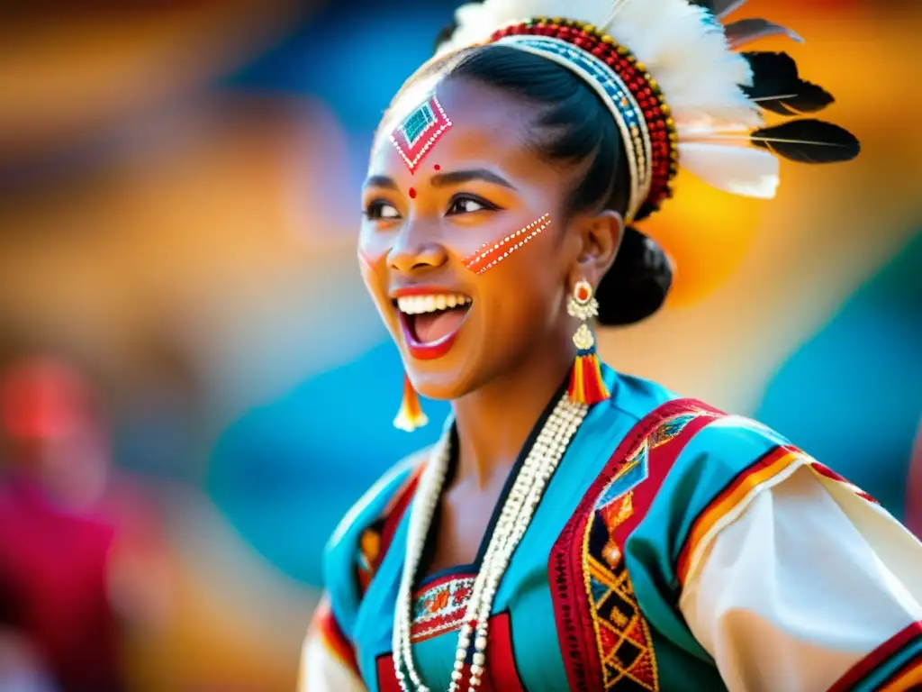 Un bailarín tradicional en un vibrante traje, girando con los brazos extendidos y una expresión de pura alegría