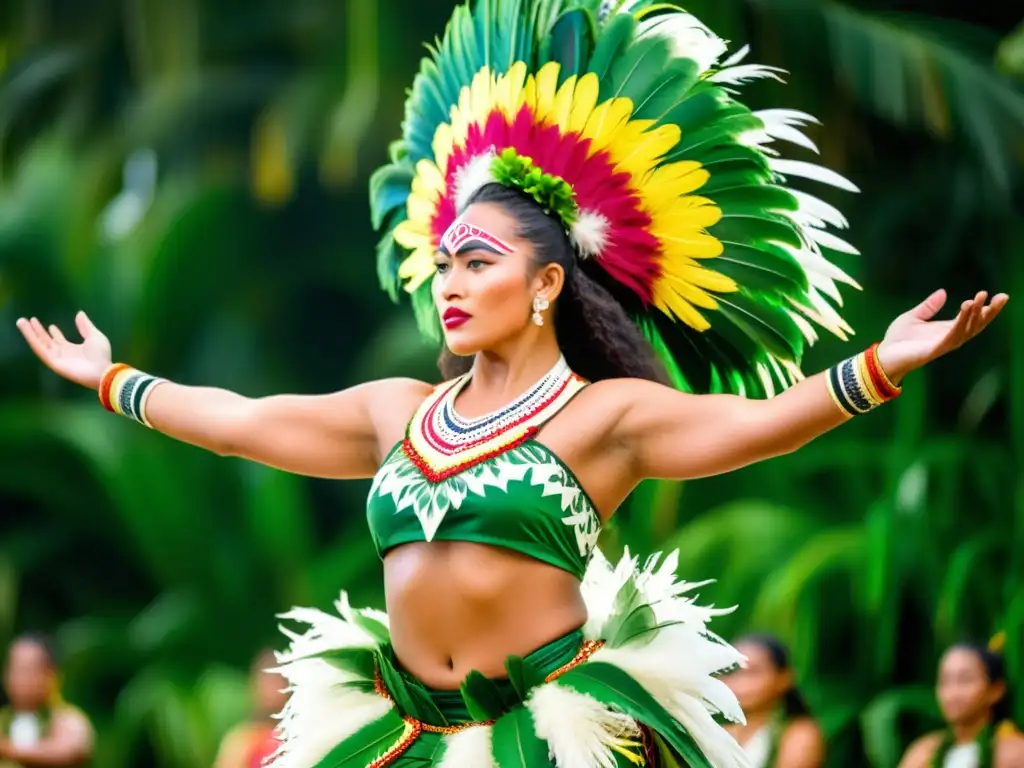 Un bailarín de las tradicionales Técnicas de la Danza del Pájaro Cook, con atuendo vibrante y expresión intensa, ejecutando una pose dinámica