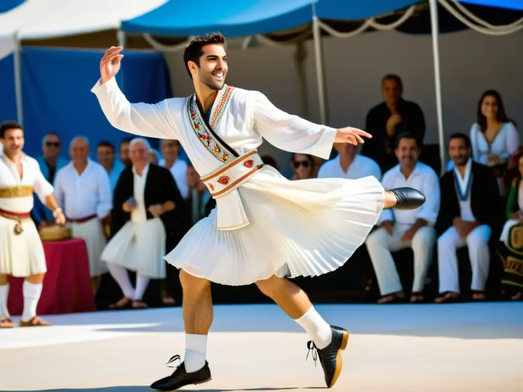 Un bailarín en traje griego tradicional, capturado en pleno vuelo durante un festival griego