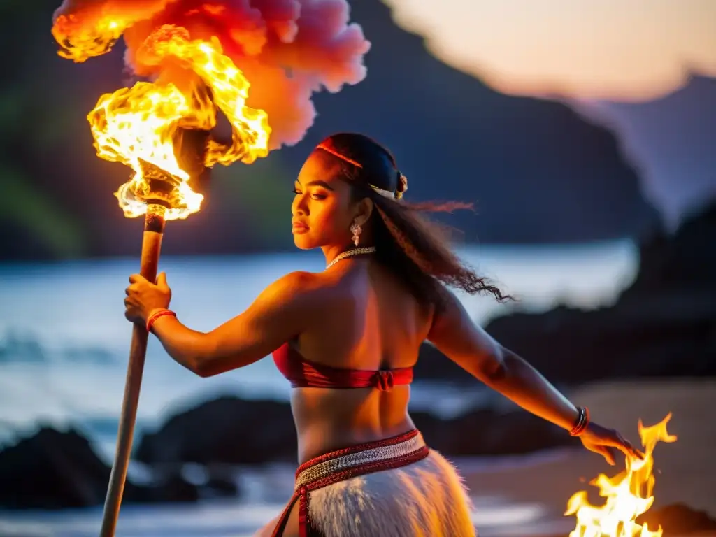 Un bailarín de Siva Afi en traje tradicional sostiene una antorcha llameante