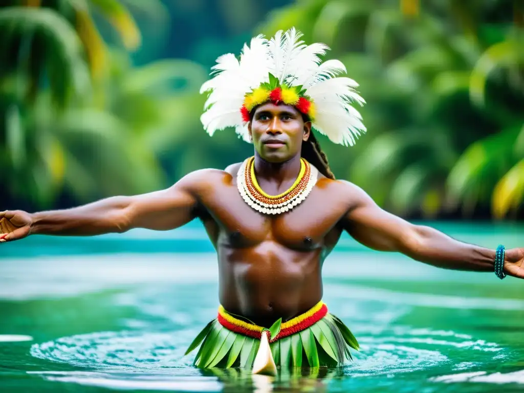 Un bailarín en traje tradicional de las Islas Salomón realiza la Danza del Canoa con movimientos gráciles y adornos vibrantes