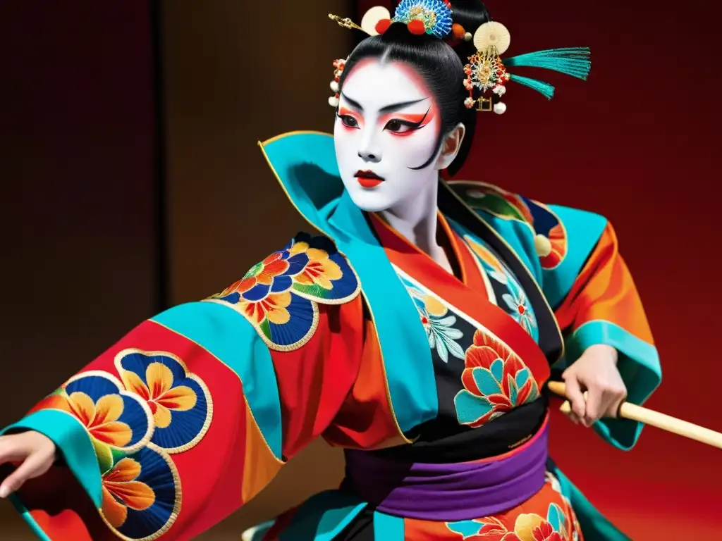 Un bailarín de Kabuki en Japón viste un traje vibrante con bordados intrincados, capturando la elegancia y tradición de la Danza del Kabuki Japón