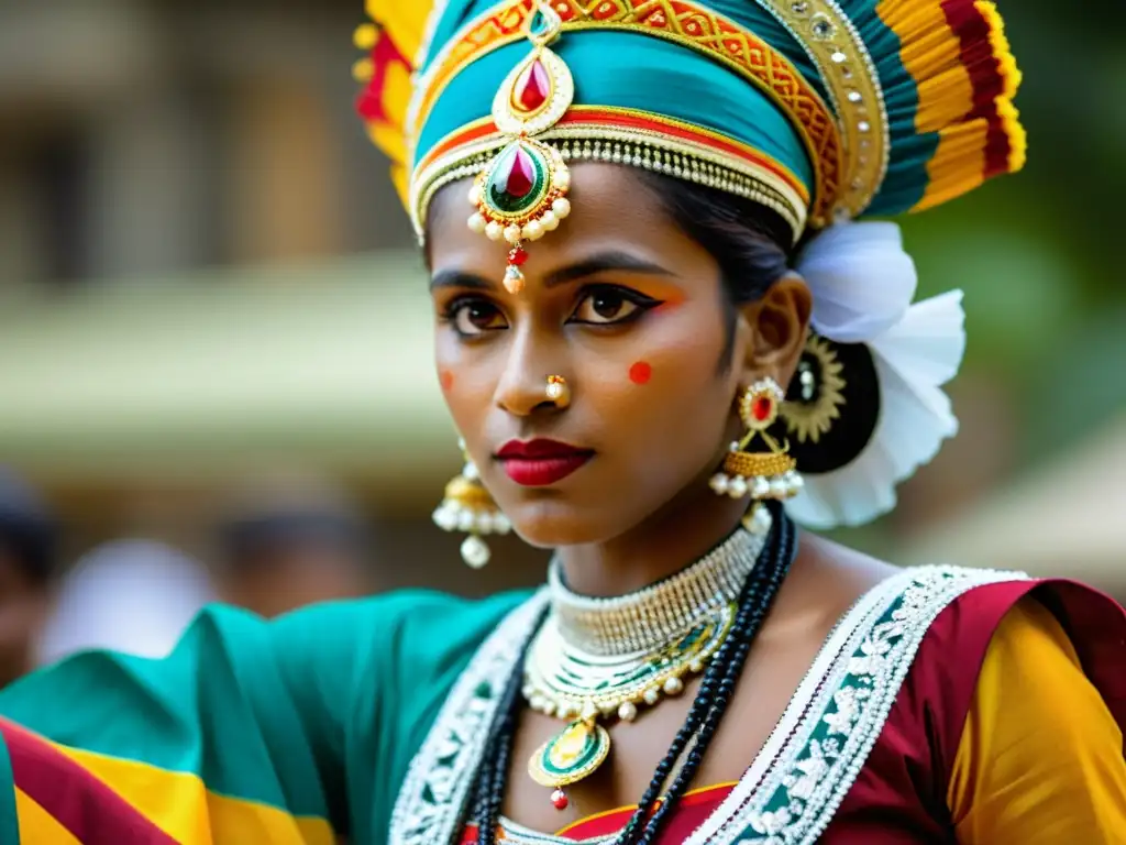 Un bailarín Kandyan Sri Lanka, vistiendo traje vibrante, joyas intrincadas y concentración intensa durante el Festival de Danza Kandy