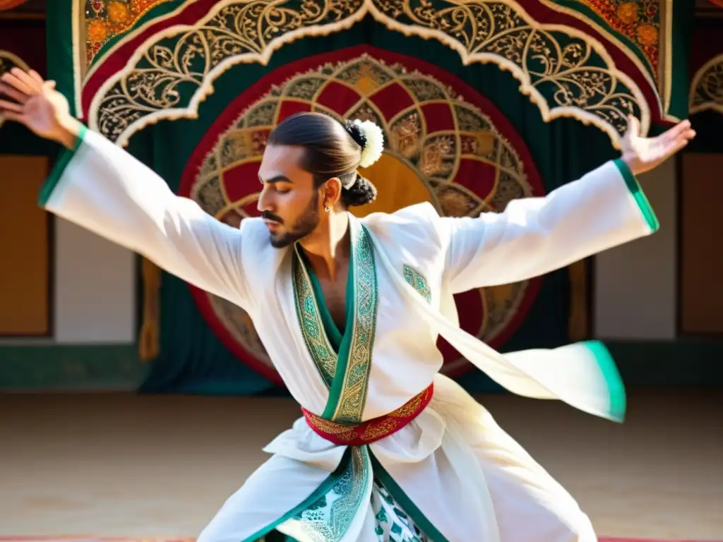 Un bailarín Sufi en trance, vistiendo una túnica blanca vibrante con patrones intrincados, danza con gracia