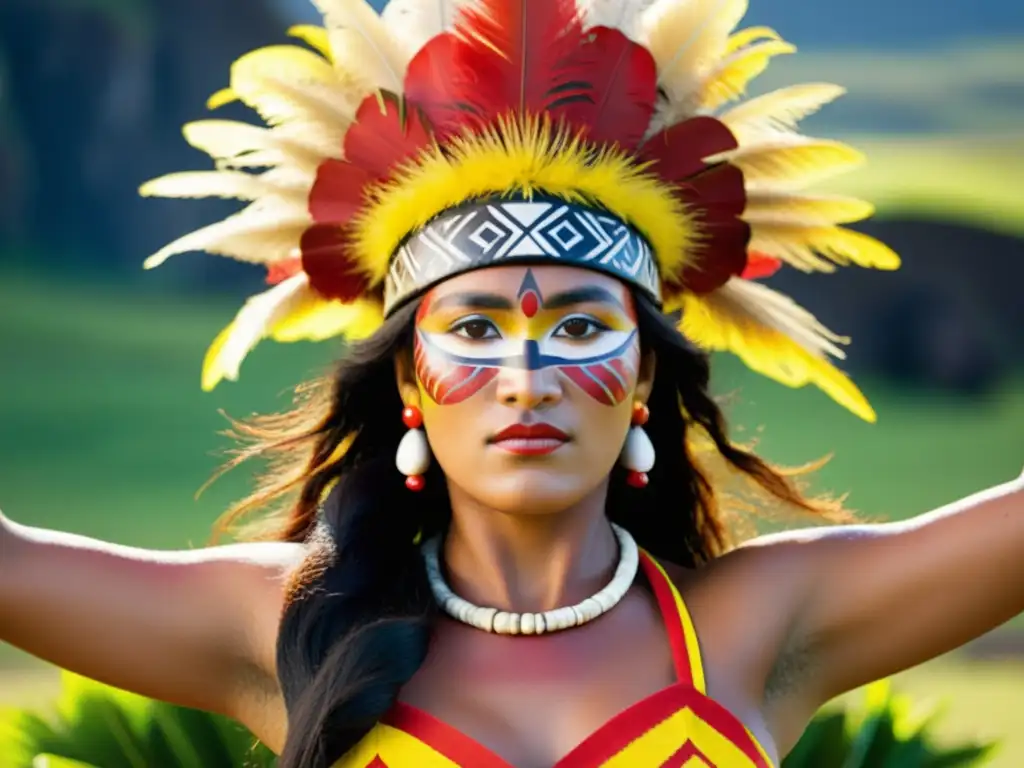 Un bailarín Rapa Nui con vestimenta tradicional de danza en Isla de Pascua, expresando orgullo y tradición cultural