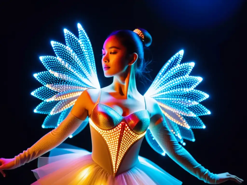 Un bailarín en vestuario de danza con telas inteligentes que iluminan y cambian de color con sus movimientos, creando un espectáculo visual futurista