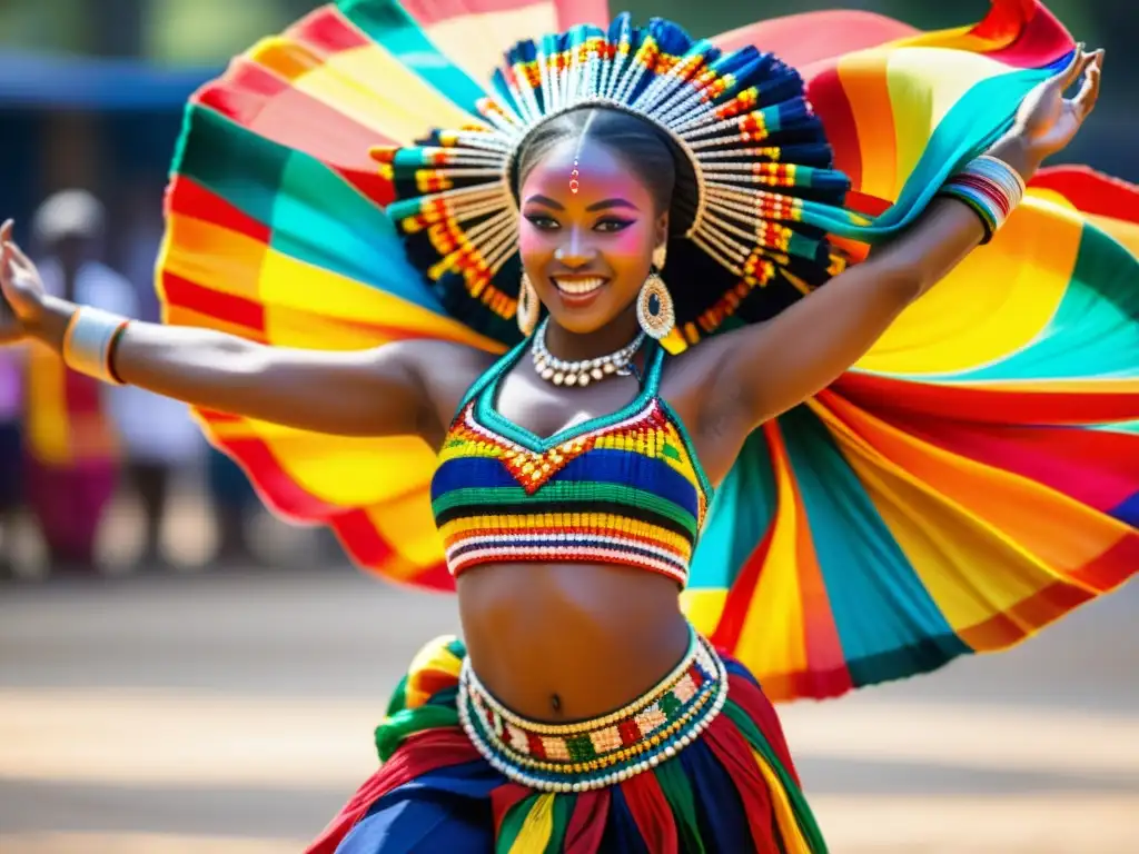 Un bailarín Atilogwu de Nigeria en vibrante salto, expresando significado cultural con deslumbrante atuendo y energía dinámica