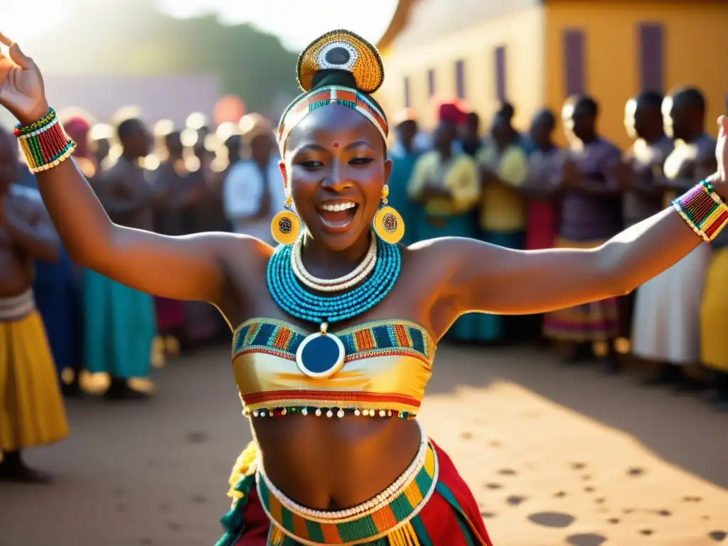 Un bailarín Yoruba en un vibrante traje ritual durante una danza de sanación, rodeado de espectadores