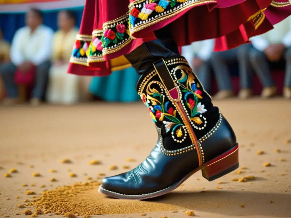 Un bailarín de zapateado folklórico mexicano crea un emocionante espectáculo de movimiento en el escenario, dejando huellas fugaces en la arena dorada