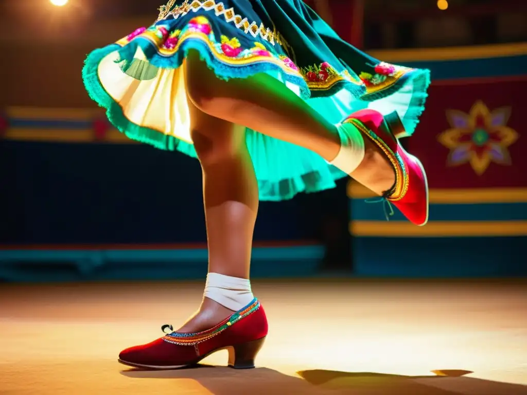 Un bailarín de zapateado mexicano y flamenco en una actuación apasionada, con calzado vibrante y expresión determinada