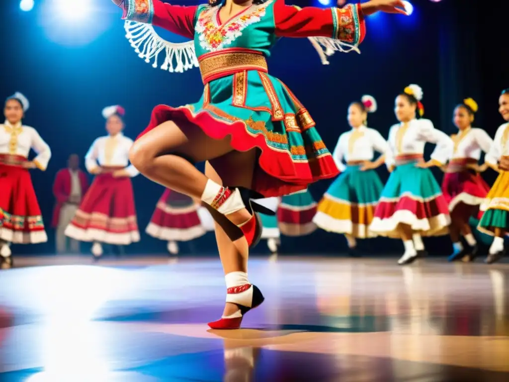 Un bailarín de zapateado tradicional con vestimenta vibrante y bordados intrincados, ejecutando una rutina dinámica en el escenario