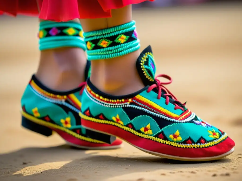 Un bailarín usa zapatos tradicionales en culturas mexicanas, 'El Jorongo', con bordados y cuentas coloridos, bailando con pasión y energía