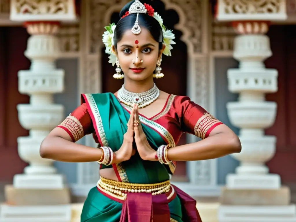 Una bailarina de Odissi adornada con elegantes gestos y expresiones, viste un llamativo traje de seda y joyas tradicionales