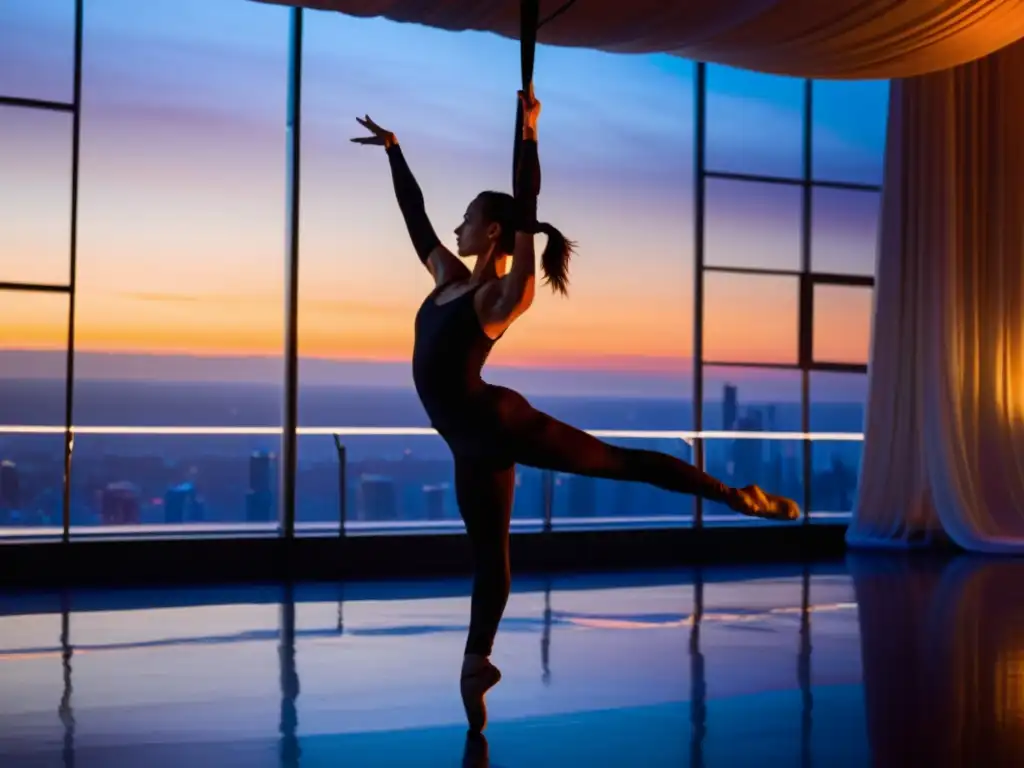 Una bailarina aérea se destaca en un estudio iluminado con un atardecer de fondo, mostrando la gracia y fuerza de la danza aérea