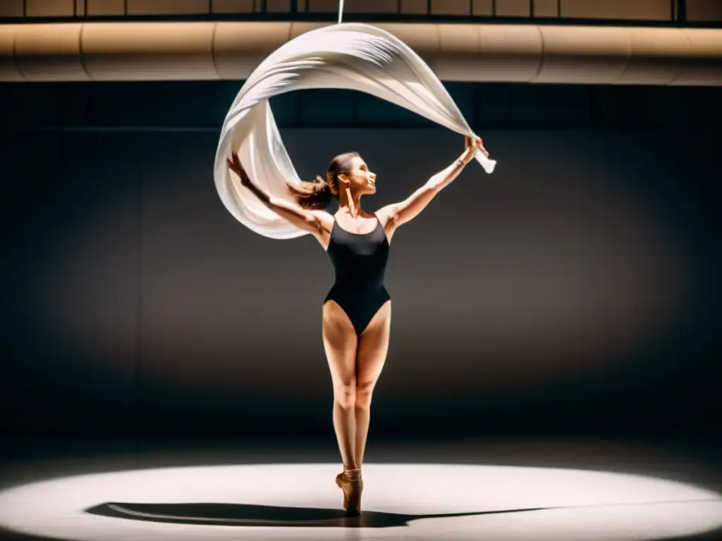 Una bailarina aérea profesional flota graciosamente en el aire, envuelta en tela, en armonía con la música