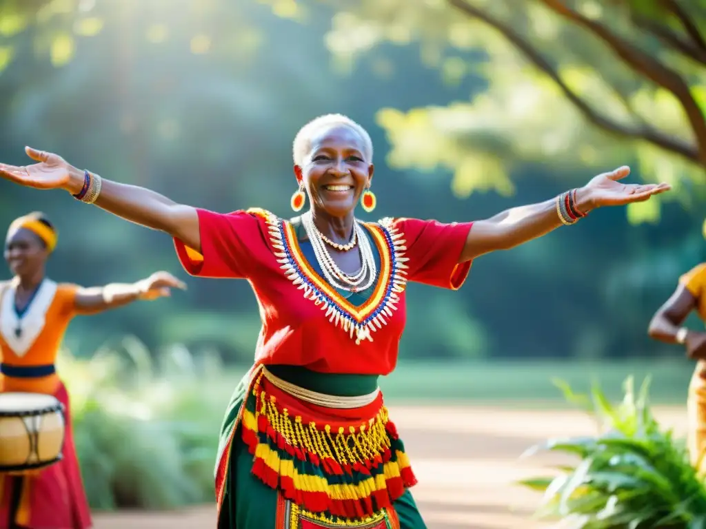 Una bailarina africana mayor, vestida con atuendo tradicional, realiza una danza ceremonial en un claro soleado rodeado de exuberante vegetación