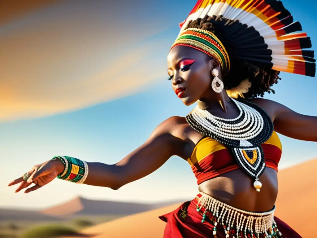 Una bailarina africana tradicional con accesorios significado cultural de accesorios en danzas, bailando en la sabana al atardecer