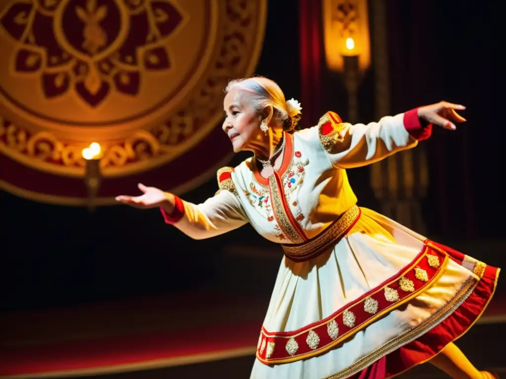 Una bailarina anciana ejecuta una danza centenaria en un teatro ornamentado, con la preservación de danzas tradicionales en streaming