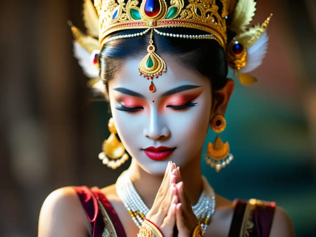 Una bailarina Apsara camboyana realiza una elegante danza en un salón tradicional, capturando el significado cultural de la danza Apsara camboyana