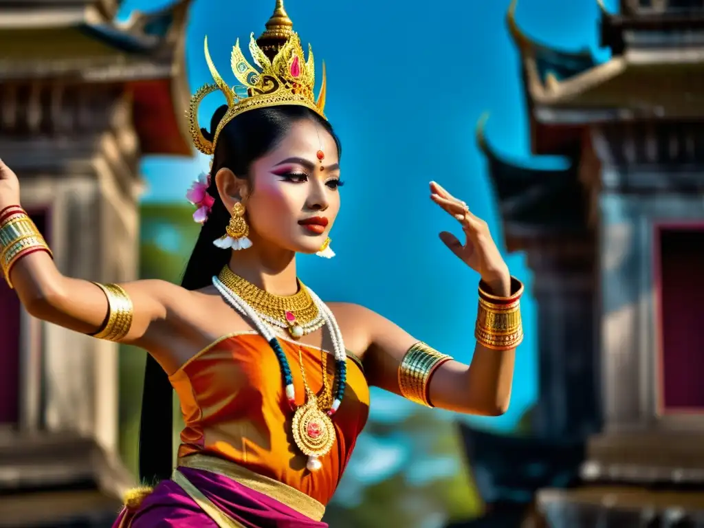 Una bailarina Apsara camboyana en un traje ornamental, realizando una danza celestial en un templo histórico