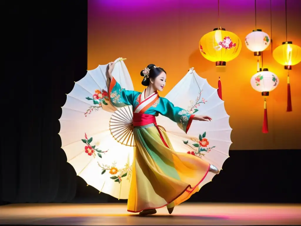 Una bailarina ataviada con un hanbok realiza una coreografía ancestral en el festival Gangneung Danoje, creando un espectáculo de belleza y gracia