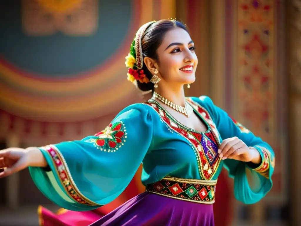 Una bailarina azerí tradicional en un vibrante traje, bailando con gracia y pasión al ritmo de la música azerí