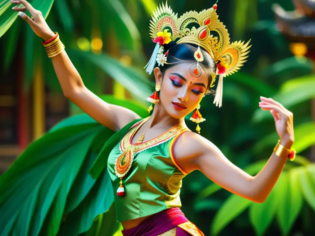 Una bailarina balinesa interpreta movimientos de danza Bali entre exuberante vegetación y arquitectura ornamental, capturando la gracia y la belleza