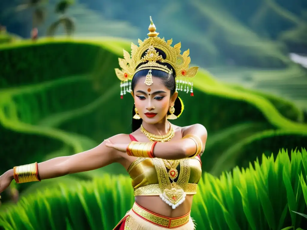 Una bailarina balinesa tallada con detalle luce un traje vibrante y bordado de oro, en un escenario de terrazas de arroz y un templo