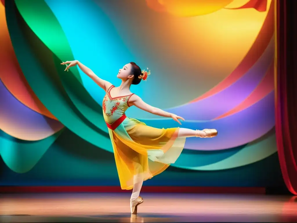 Una bailarina de ballet chino ejecutando con gracia movimientos elaborados en un escenario de vibrantes colores, técnicas fundamentales ballet chino