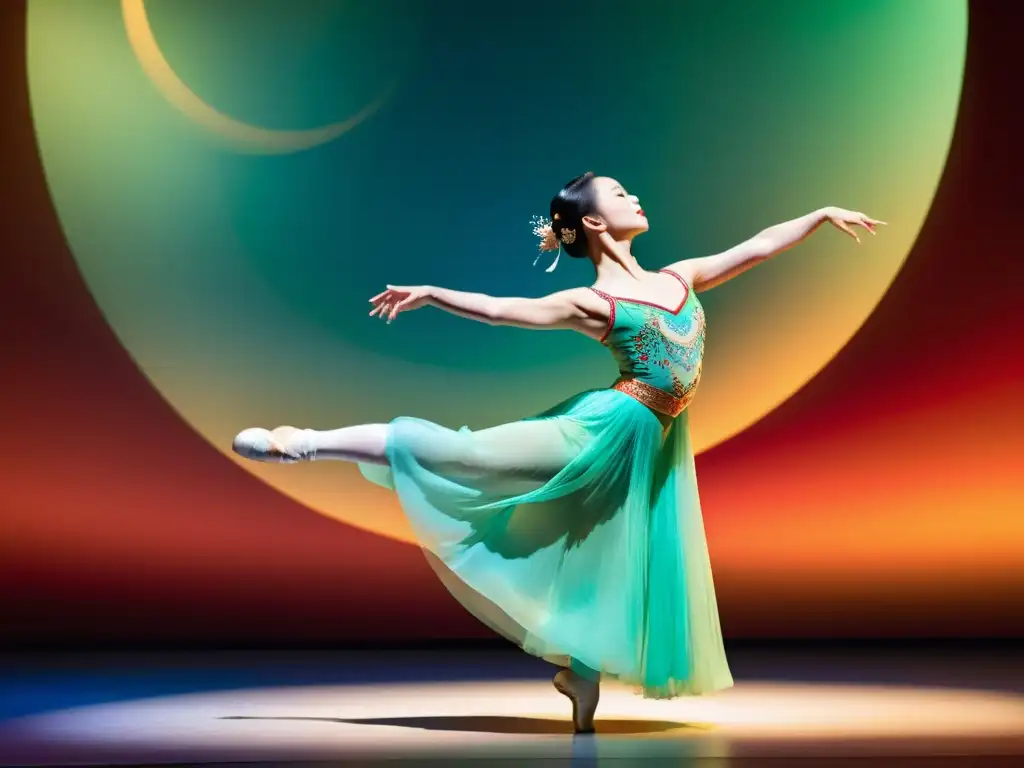 Una bailarina de ballet chino ejecuta técnicas fundamentales con gracia y elegancia en un escenario, destacando la sutil elegancia de este arte