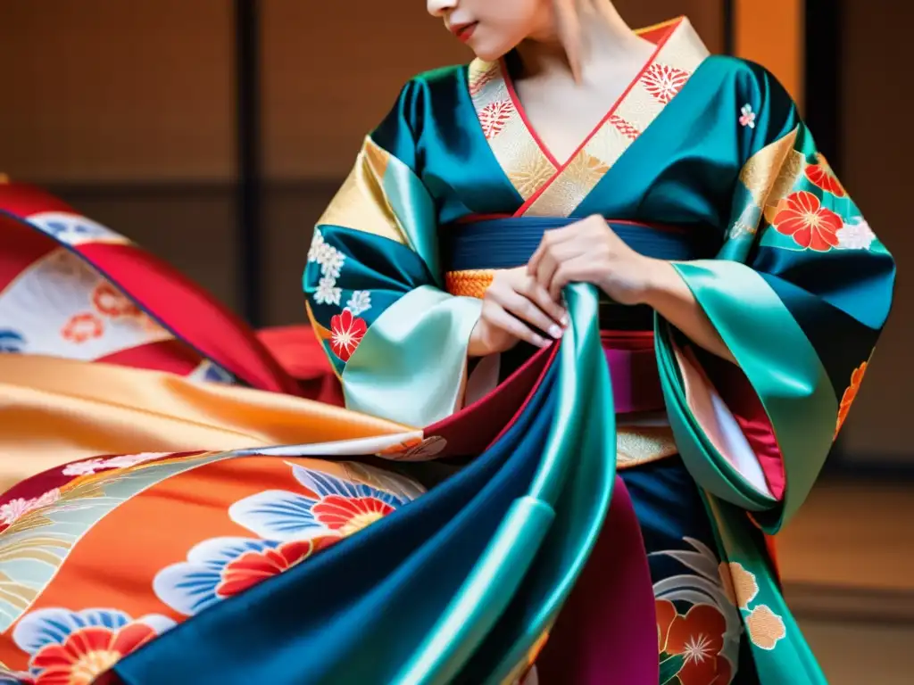 Una bailarina de ballet envuelta en un kimono japonés, muestra la influencia intercultural en vestuario de danza con elegancia y respeto