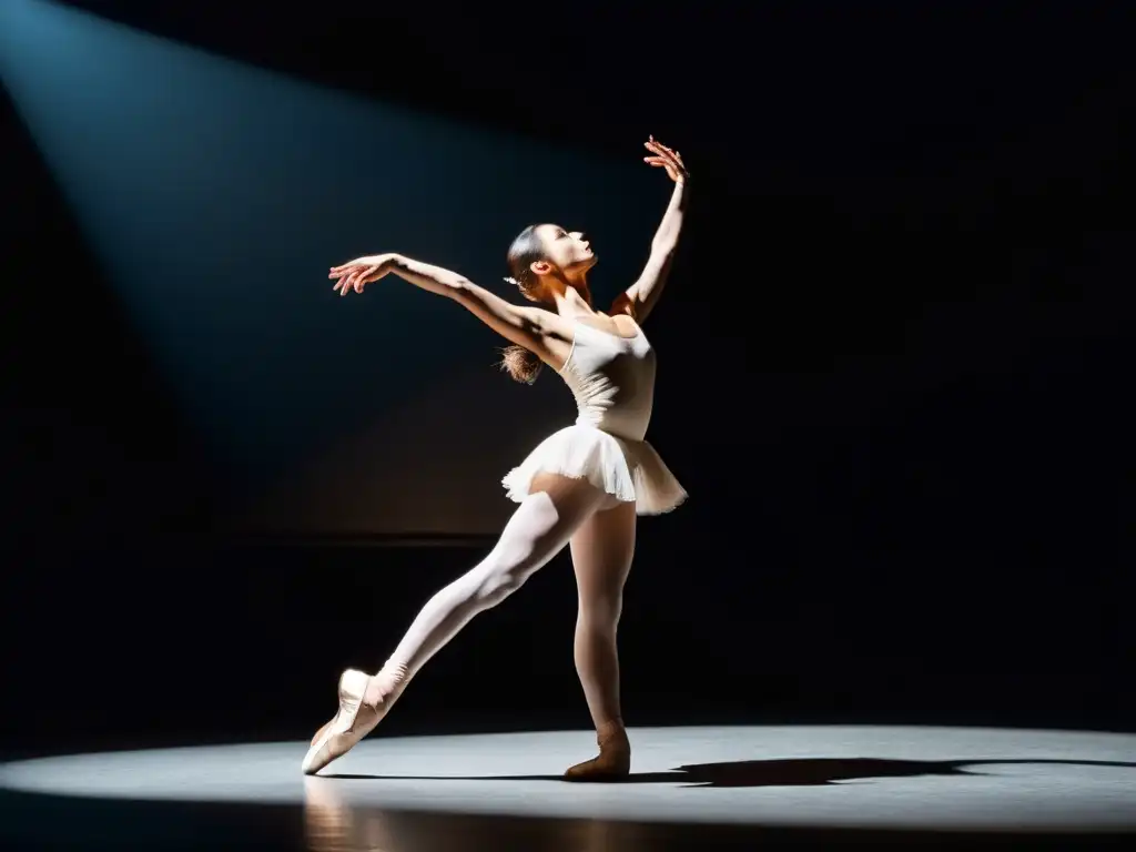 Una bailarina de ballet en el escenario, iluminada por un foco, muestra determinación y elegancia en su postura