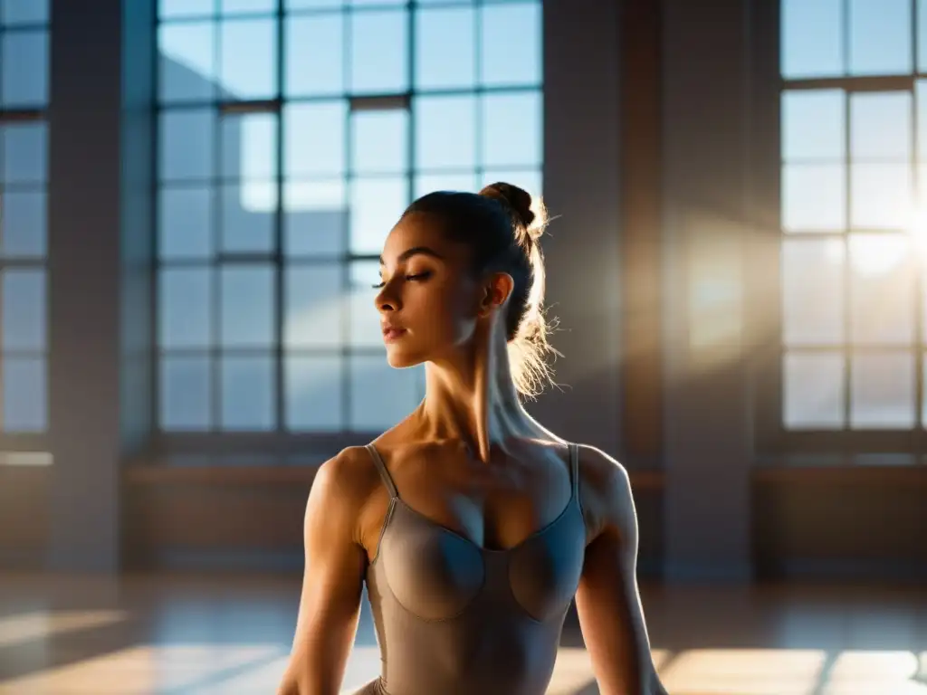 Una bailarina de ballet en un estudio soleado, respirando profundamente con determinación