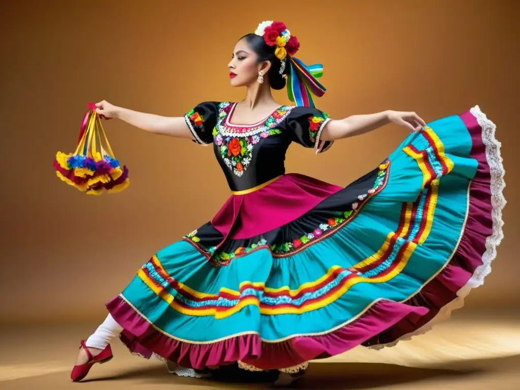 Una bailarina de ballet folklórico mexicano con vestido colorido y detallado, bailando con castañuelas en mano en un escenario vibrante y pintoresco